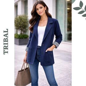 Tribal Jet Blue Knit Blazer Jacket XL Striped Cuffs